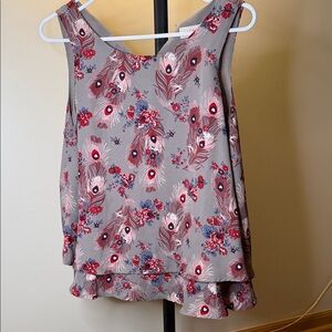 LOFT Gray Floral and Feather Print Tank Top